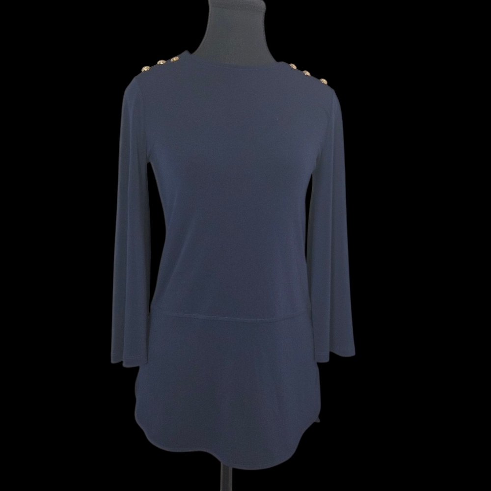 Ralph Lauren Navy Blouse with Classic Gold Shoulder Buttons Size XXS